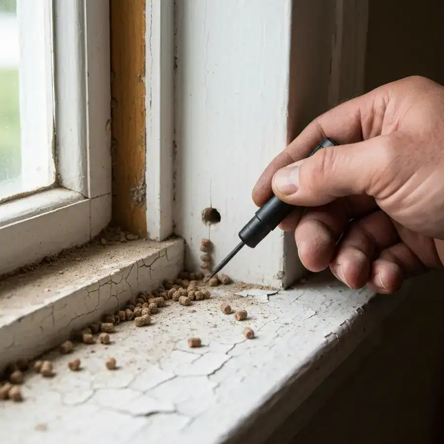 Boroscope probe entering a drill hole in a 1960s window header near termite frass on a weathered windowsill.