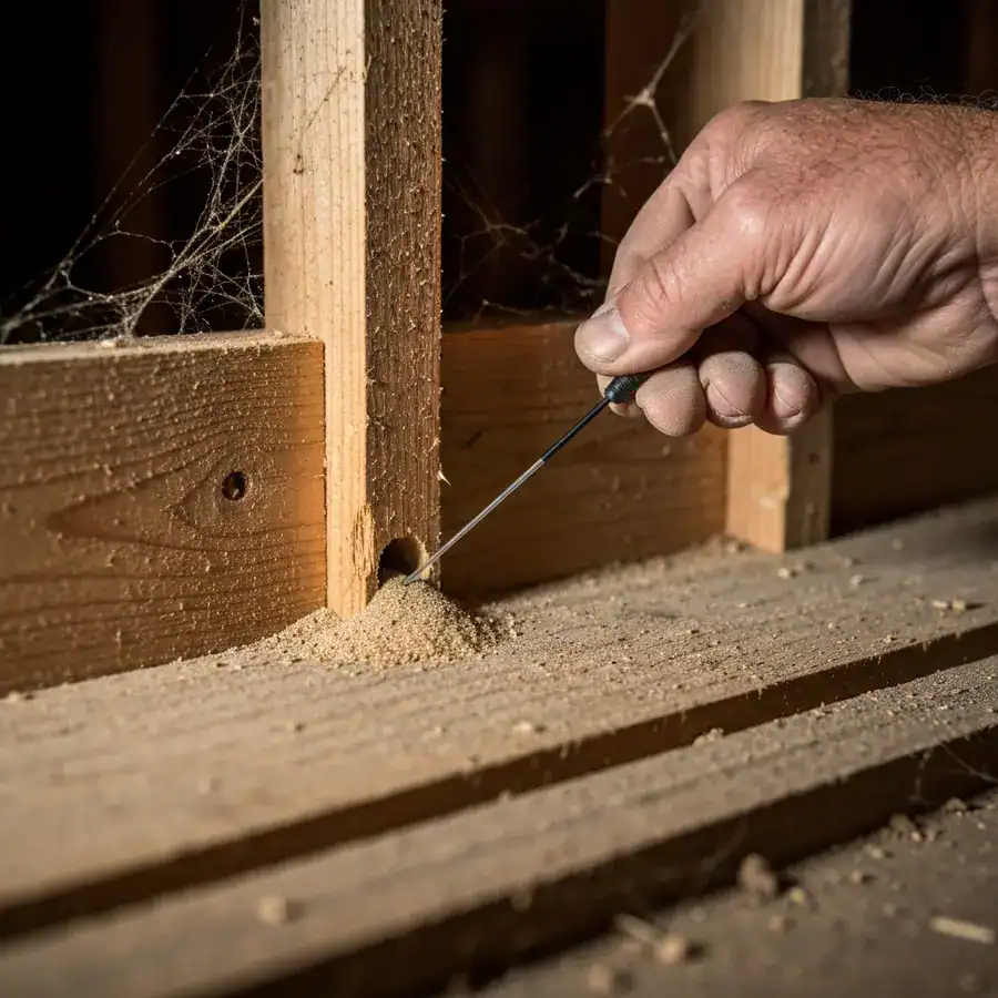 Fiber-optic boroscope cable entering a drilled hole in a termite-damaged wooden beam inside a dark crawlspace.