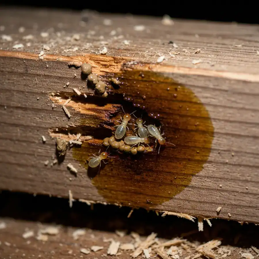 Macro of termites burrowing into a wooden beam to escape an orange-oil-treated crevice in a dark crawlspace.