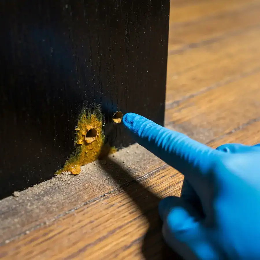 Nitrile-gloved finger pointing to a drill hole in a wood baseboard with softened, discolored finish from orange oil.