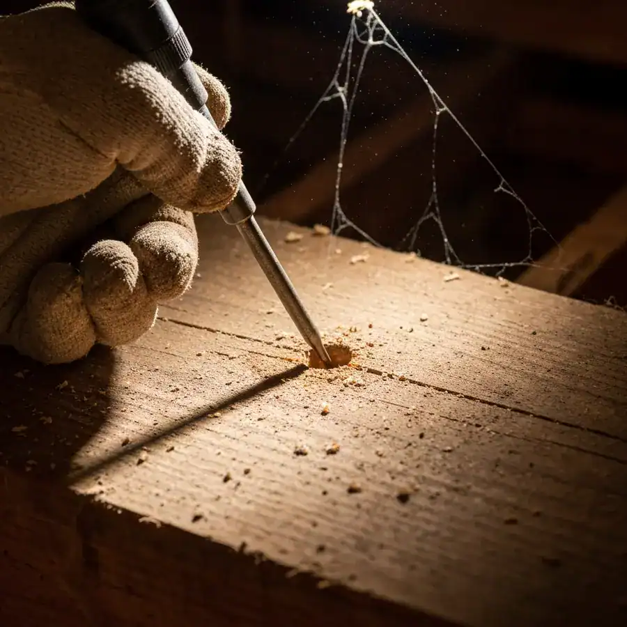 Close-up of a metal nozzle injecting orange oil into a drilled hole in a dusty, weathered wooden attic beam.