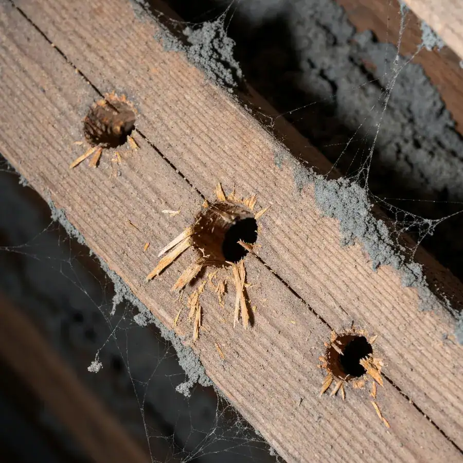 Close-up of splintered drill holes for orange oil treatment in a dust-covered wooden attic beam.