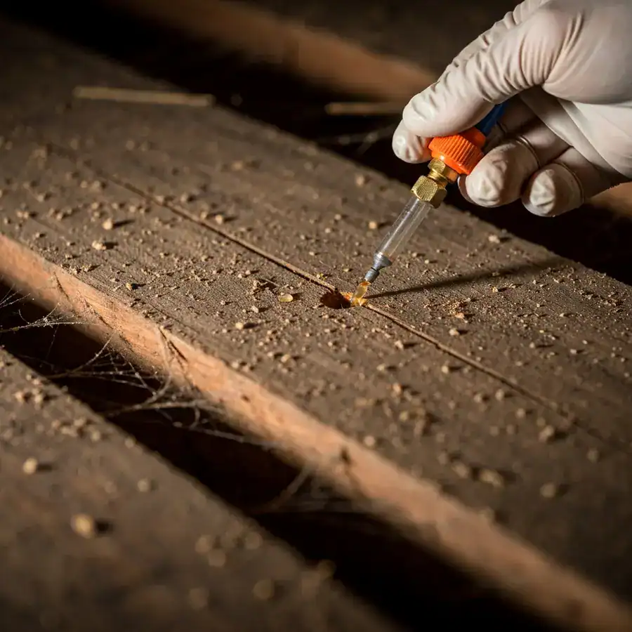 Gloved hand injecting orange oil into a drill hole in a structural wooden beam inside a dark, dusty crawlspace.