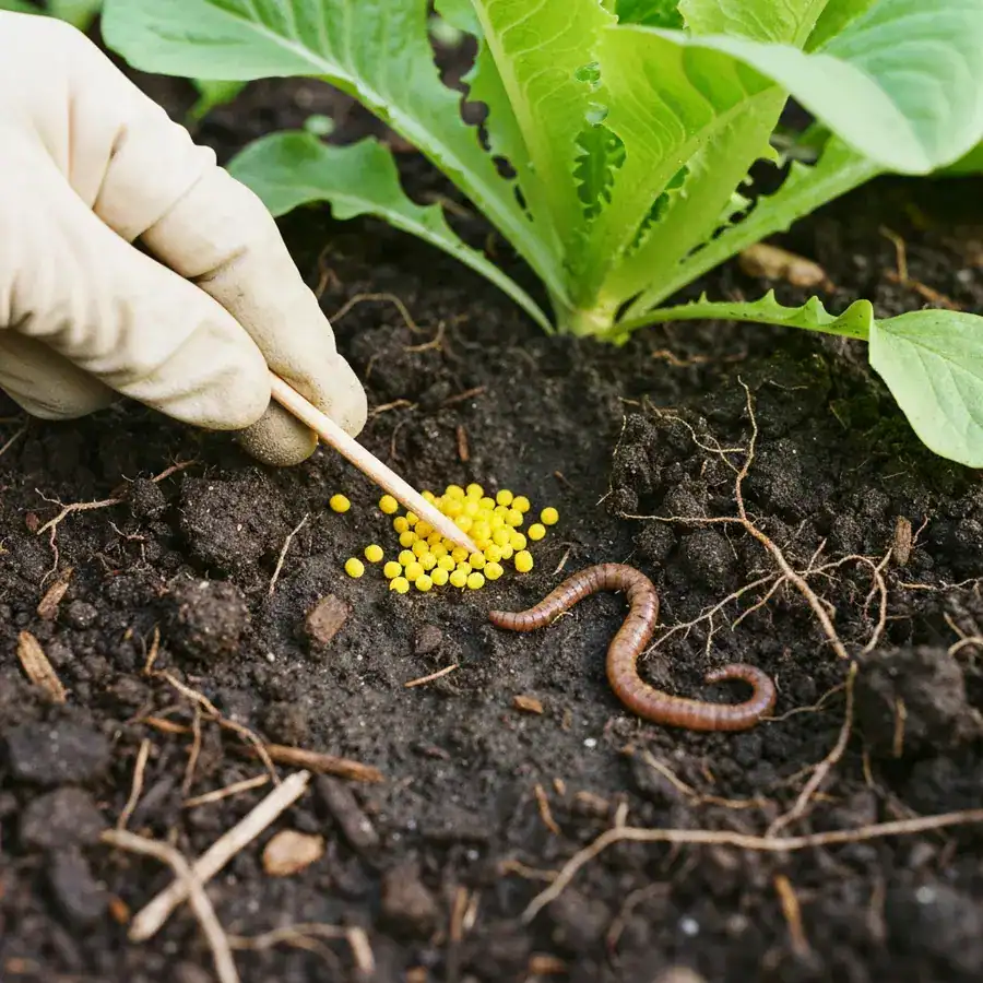 Yellow chemical bait granules and a dead earthworm on dark soil at the base of a lettuce plant in a vegetable garden.