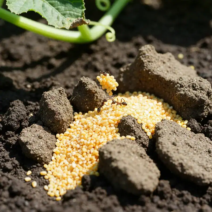 Close-up of dry yellow grits scattered on a fire ant mound with worker ants among dark vegetable garden soil.