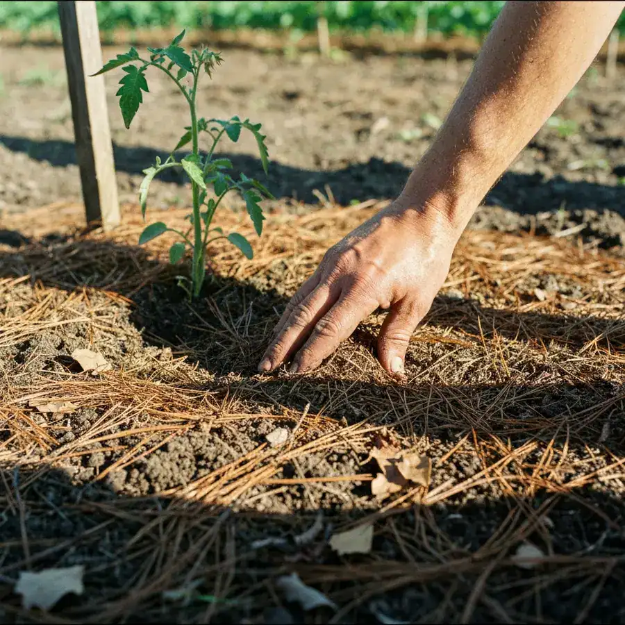 Close-up of a dirt-stained hand spreading acidic pine straw mulch around a tomato plant in a sunlit organic garden.