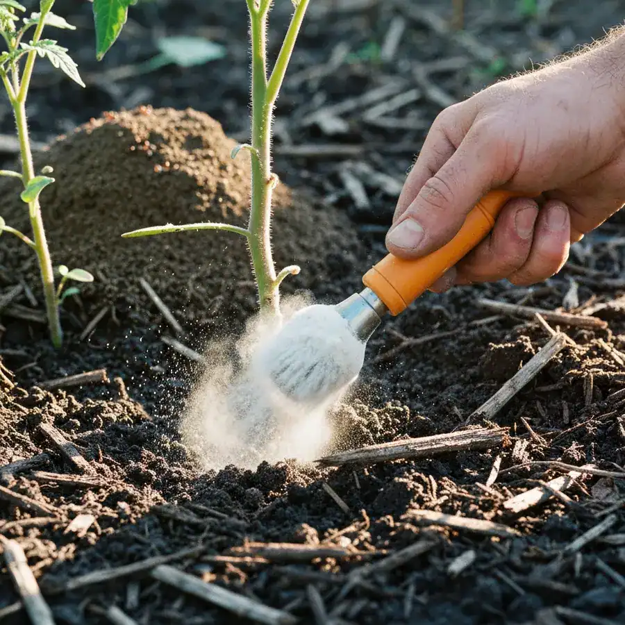 Manual bulb duster puffing a fine layer of white powder around a vegetable stem in a dark soil garden bed.