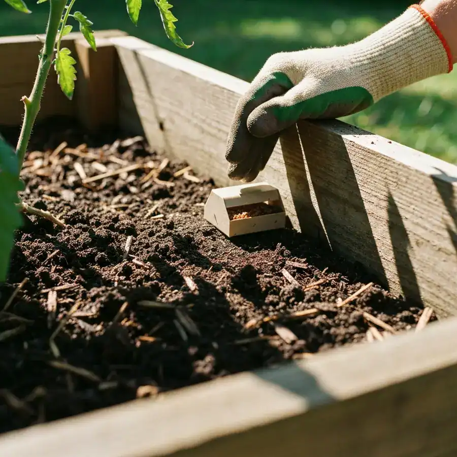 Gloved hand placing a bait trap against a weathered wood wall inside a raised vegetable garden bed.