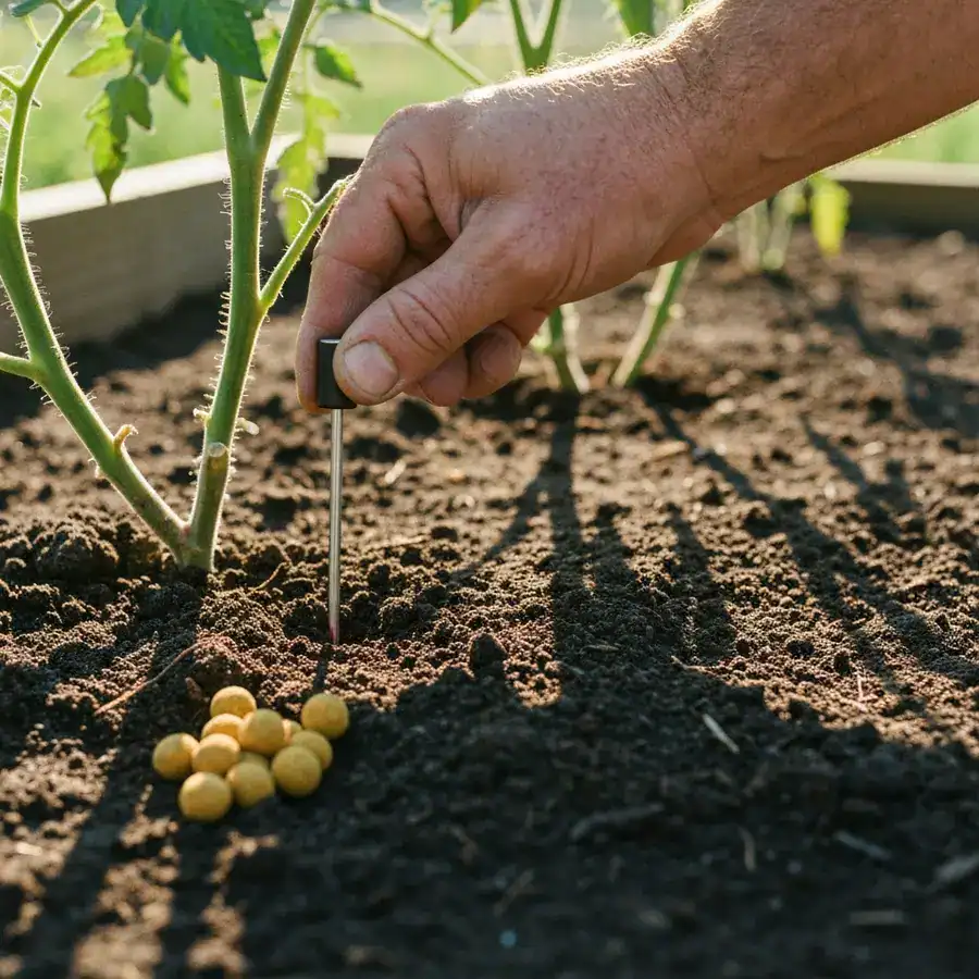 Close-up of a hand inserting a soil thermometer into dark garden earth near organic fire ant bait granules.