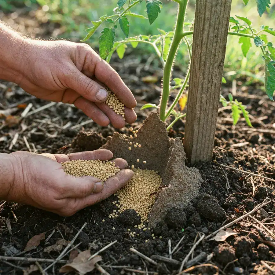 Spinosad bait granules being scattered by hand onto a fire ant mound next to a tomato plant in a garden.