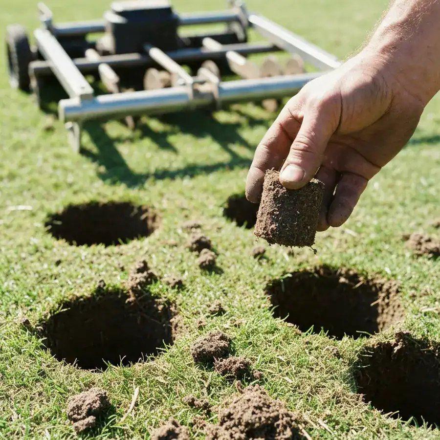 Hand holding a soil core plug over a freshly aerated lawn with open holes and scattered thatch.