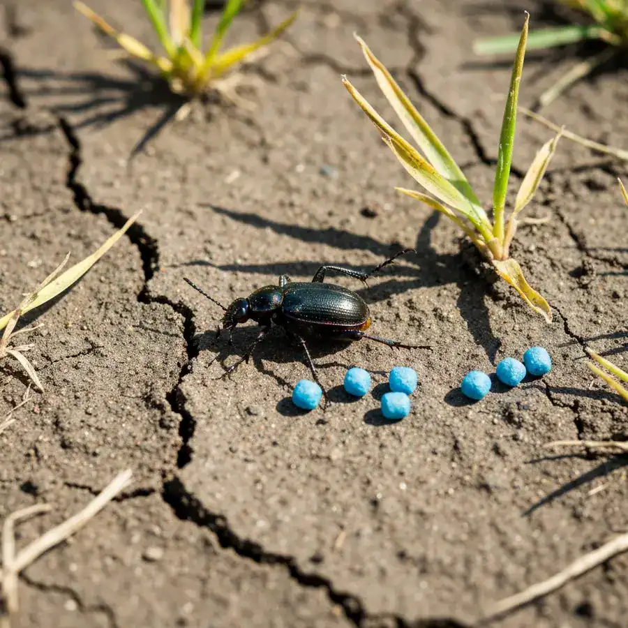 Dead predatory beetle lying near synthetic pesticide granules in dry, cracked lawn soil during a field audit.