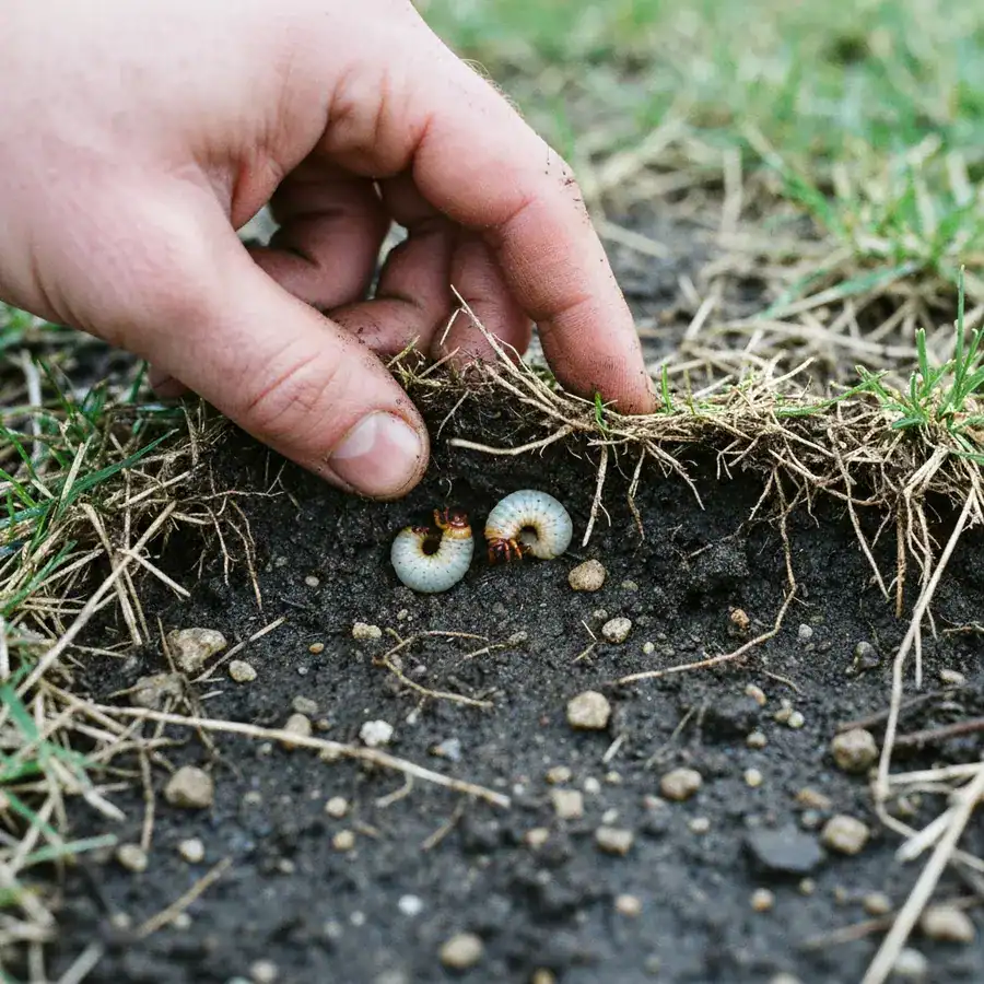 Close-up of white grubs in damp soil exposed by a hand peeling back a layer of early spring grass roots.