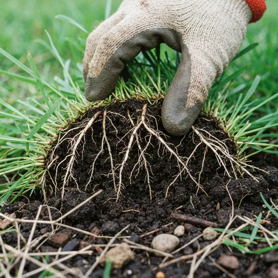 Close-up of a gloved hand peeling back turfgrass to reveal healthy white roots in dark, rich soil.