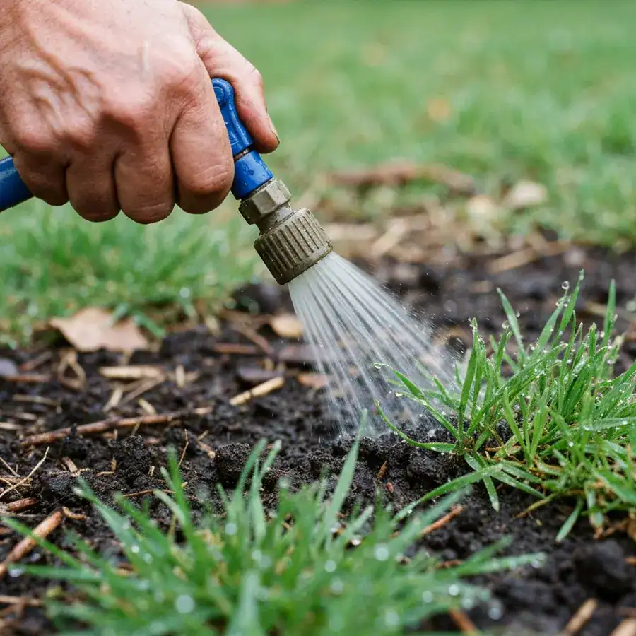 Close-up of a hose-end sprayer nozzle watering dark soil and green grass blades during a nematode application.
