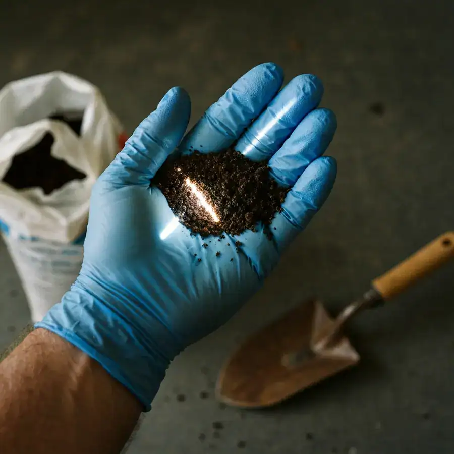 Gloved hand holding dry, coffee-ground-textured soil damaged by invasive jumping worms in a garden setting.