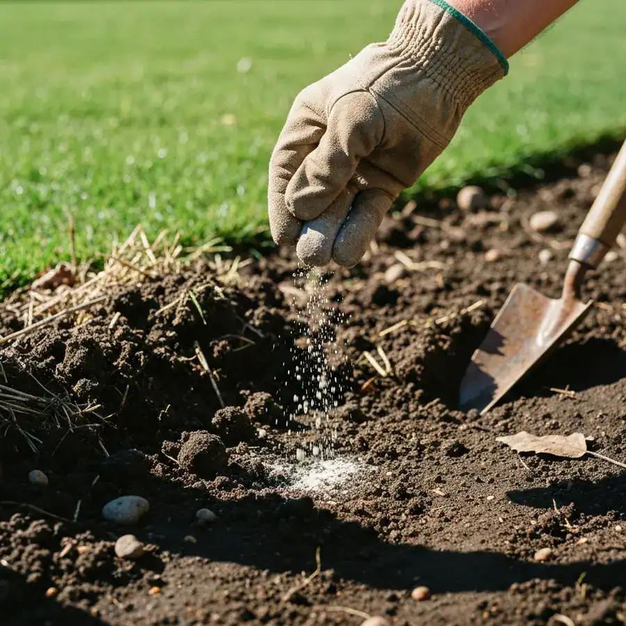 Gloved hand sprinkling milky spore powder onto dark, moist soil at the edge of a green lawn.