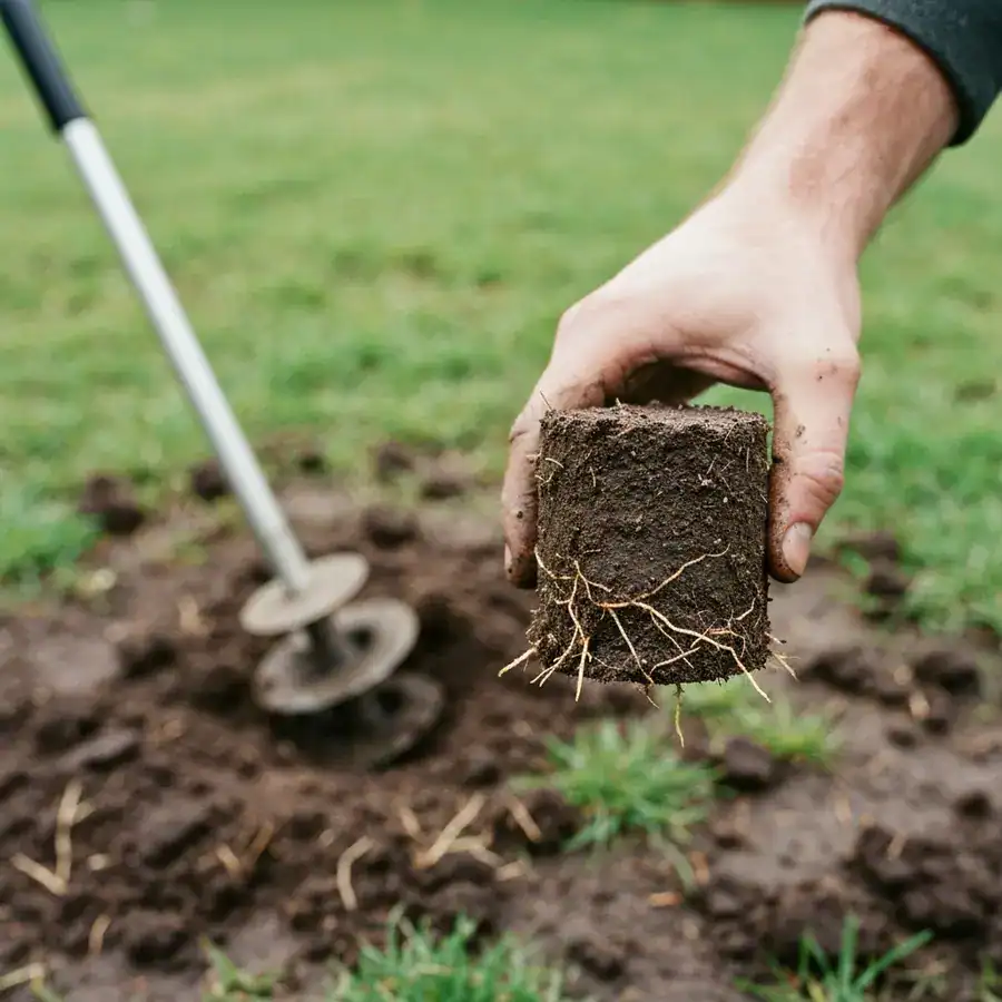Close-up of a mud-stained hand holding a soil core plug over a compacted lawn during an aeration inspection.