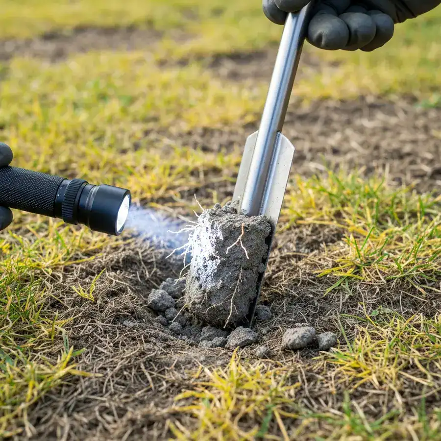 Close-up of a soil probe with a dry earth core being inspected with a flashlight on a patchy, yellowing lawn.