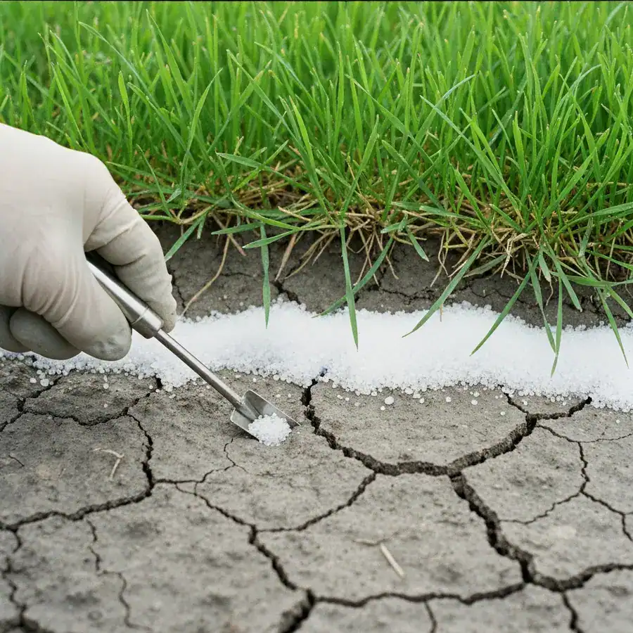 Gloved hand pointing a probe at white fertilizer salts on cracked, lifeless soil beneath bright green grass.