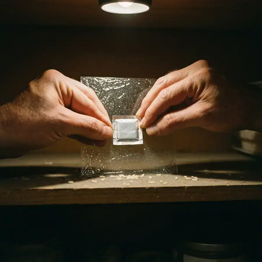Hands placing a silver pheromone lure square onto a sticky trap board inside a dark, dusty pantry.