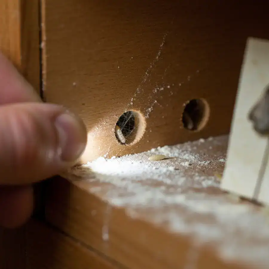 Close-up of a finger pointing a flashlight at moth larvae hiding inside kitchen cabinet shelf peg holes.