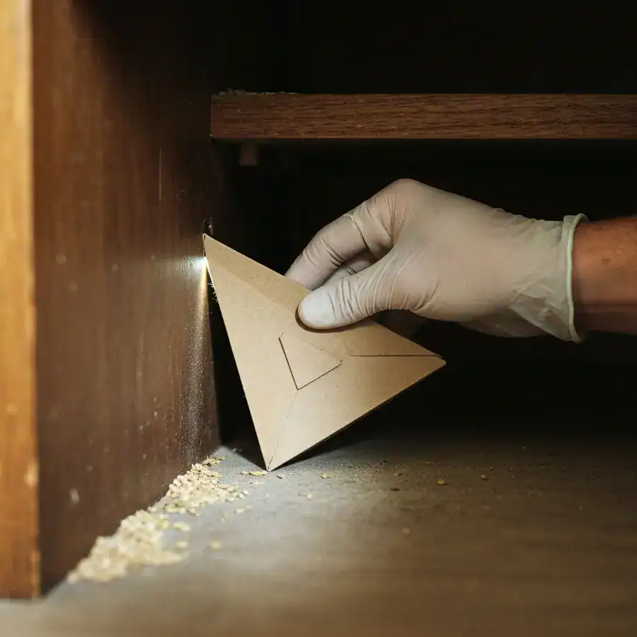 Pheromone cardboard trap being placed in a narrow gap between a baseboard and a dusty pantry shelf.