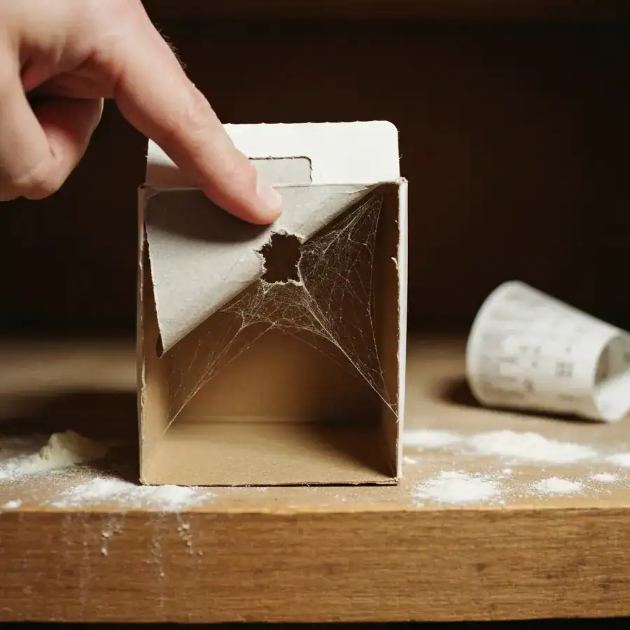 Finger pointing to larval webbing and a chewed hole inside a cardboard cereal box on a dusty pantry shelf.