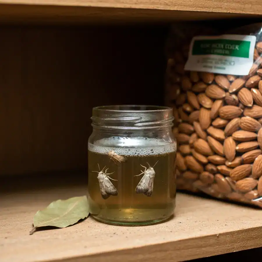 Dead moths floating in a DIY vinegar trap next to a bag of almonds on a wooden pantry shelf.