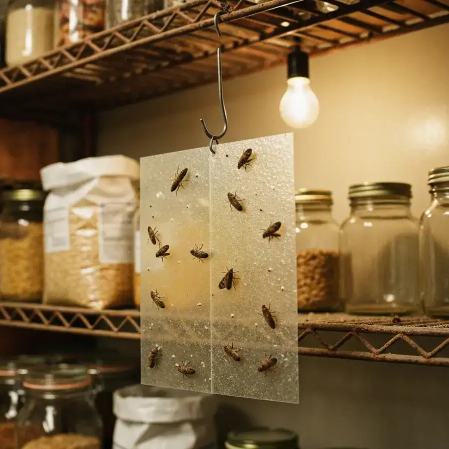 Close-up of a dual-sided glue trap hanging from a wire shelf in a pantry with several trapped insects.