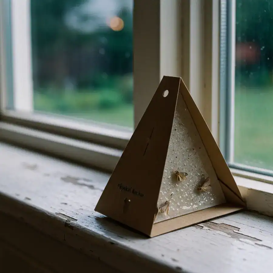 Close-up of a pheromone moth trap placed on a dusty windowsill next to an open window, showing improper placement.