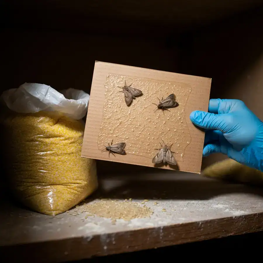 Nitrile-gloved hand holding a used pheromone trap filled with moths near an unsealed bag of cornmeal in a pantry.