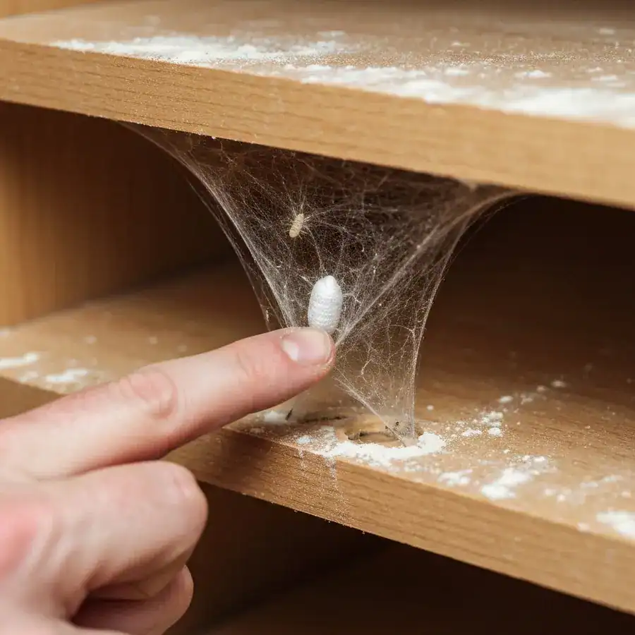 Close-up of white moth silk inside a cabinet peg-hole being inspected during a deep pantry cleaning.