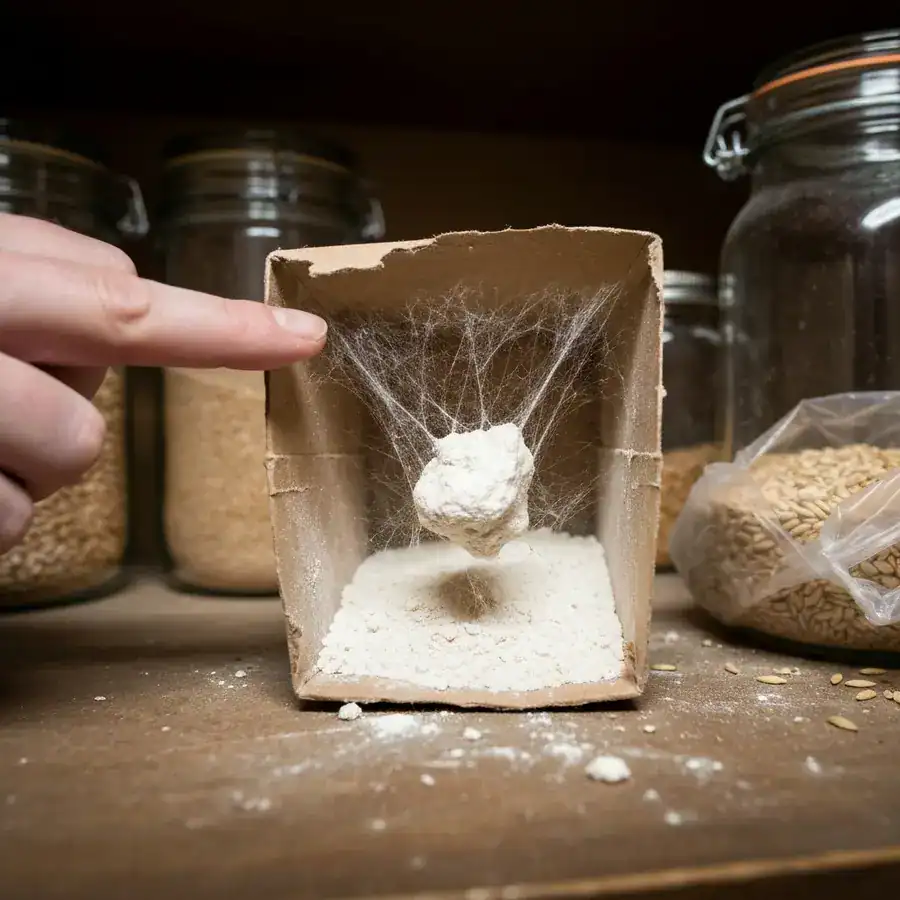 Close-up of silken moth webbing clumping flour inside a damaged cardboard box on a dark kitchen pantry shelf.
