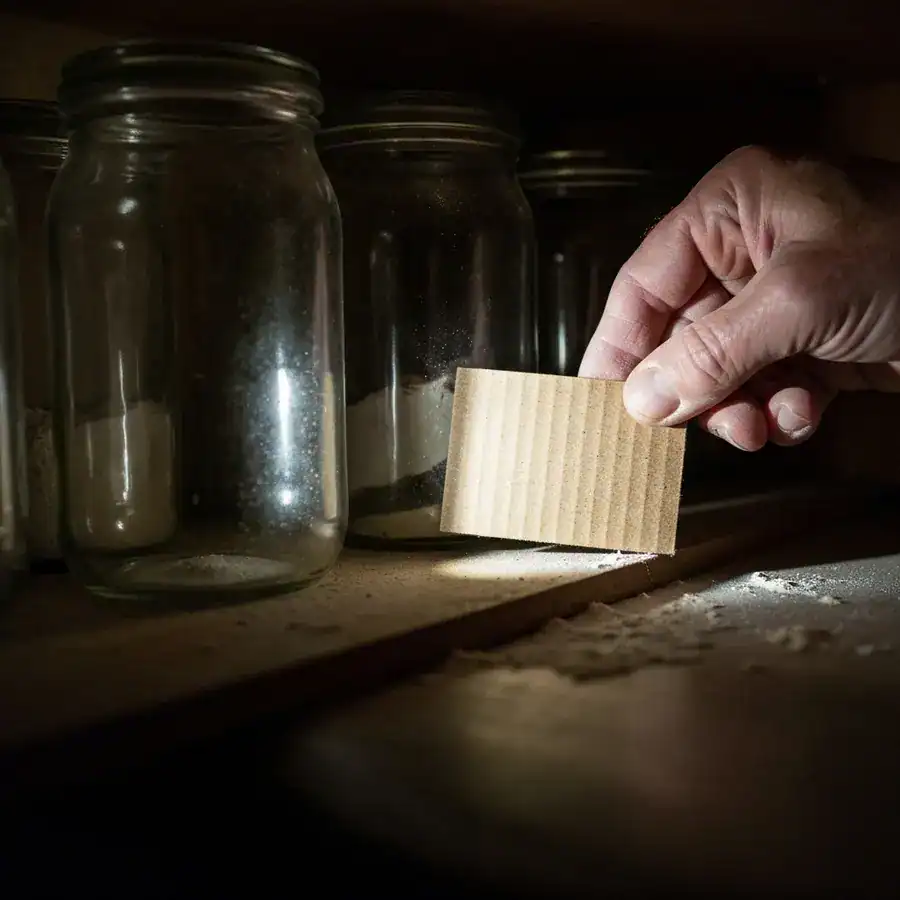 Hand placing a wasp release card into a dark cabinet corner behind glass jars in a dusty pantry.