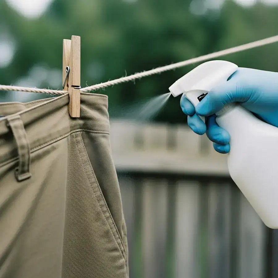 A gloved hand spraying permethrin from a bottle onto khaki pants hanging on a clothesline outdoors.
