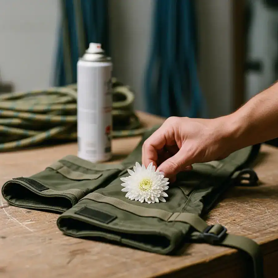 A hand holds a white chrysanthemum flower against treated hiking gear on a workbench, symbolizing the insecticide's natural origin.