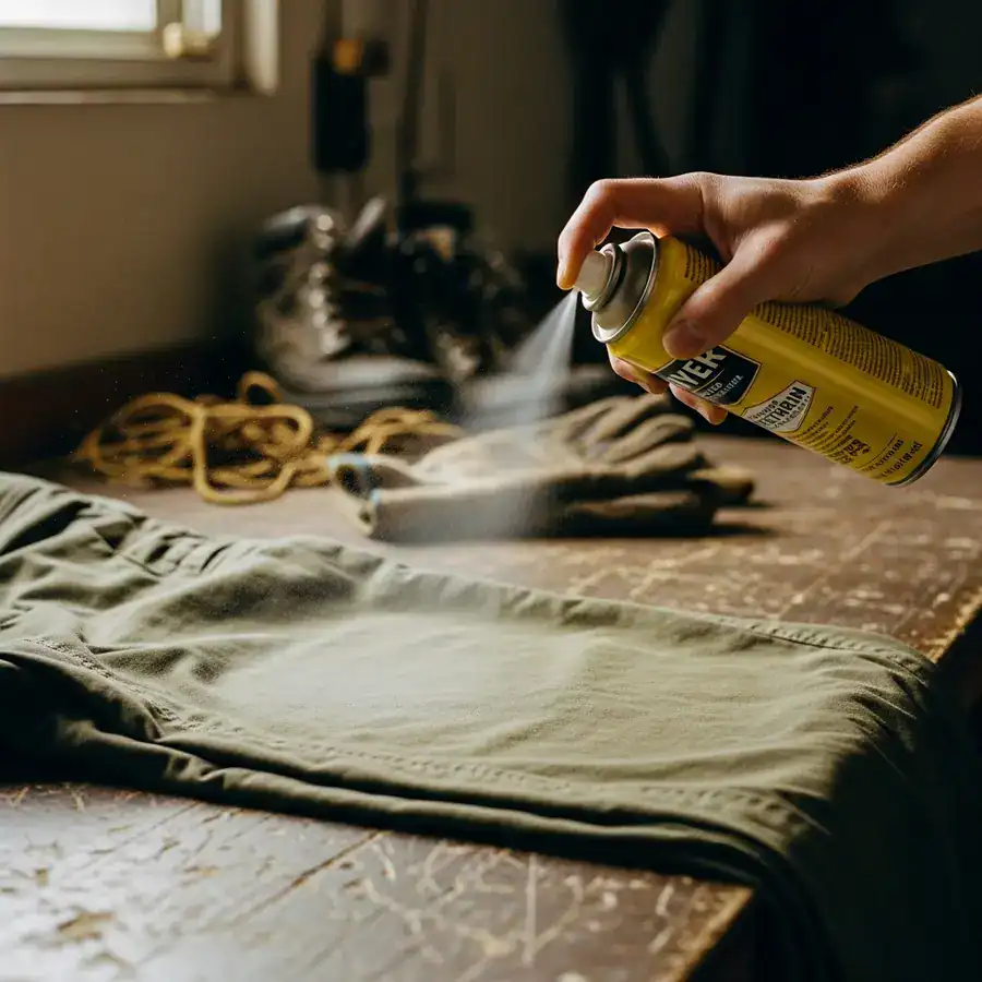 Close-up of a hand spraying permethrin insect repellent onto hiking pants laid across a cluttered garage workbench.