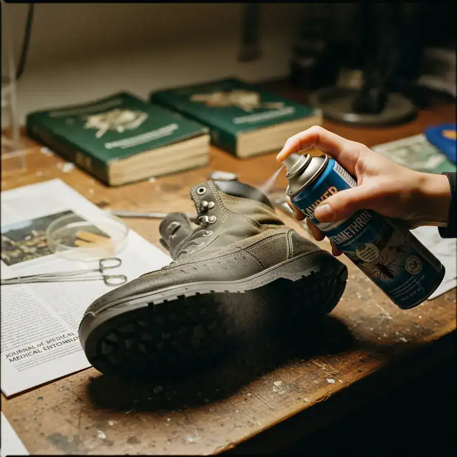 Close-up of a hand with a permethrin can spraying a hiking boot on a cluttered research workbench.
