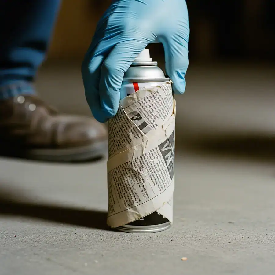 A gloved hand wraps an empty spray can in newspaper on a concrete floor for proper disposal.