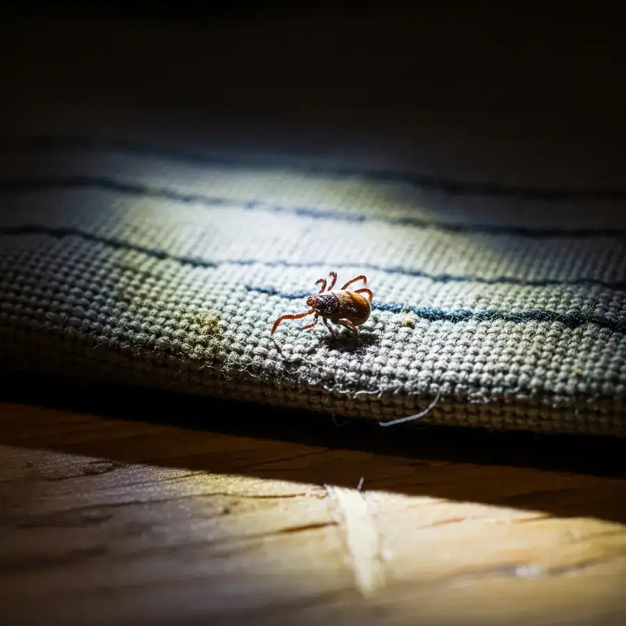 Close-up of a tiny deer tick immobilized on the coarse, woven threads of a piece of treated outdoor gear.