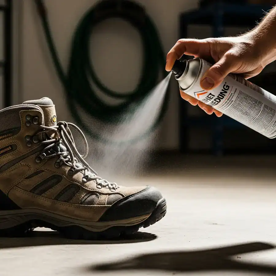 A person's hand applying an aerosol insecticide spray to a rugged hiking boot on a concrete garage floor.