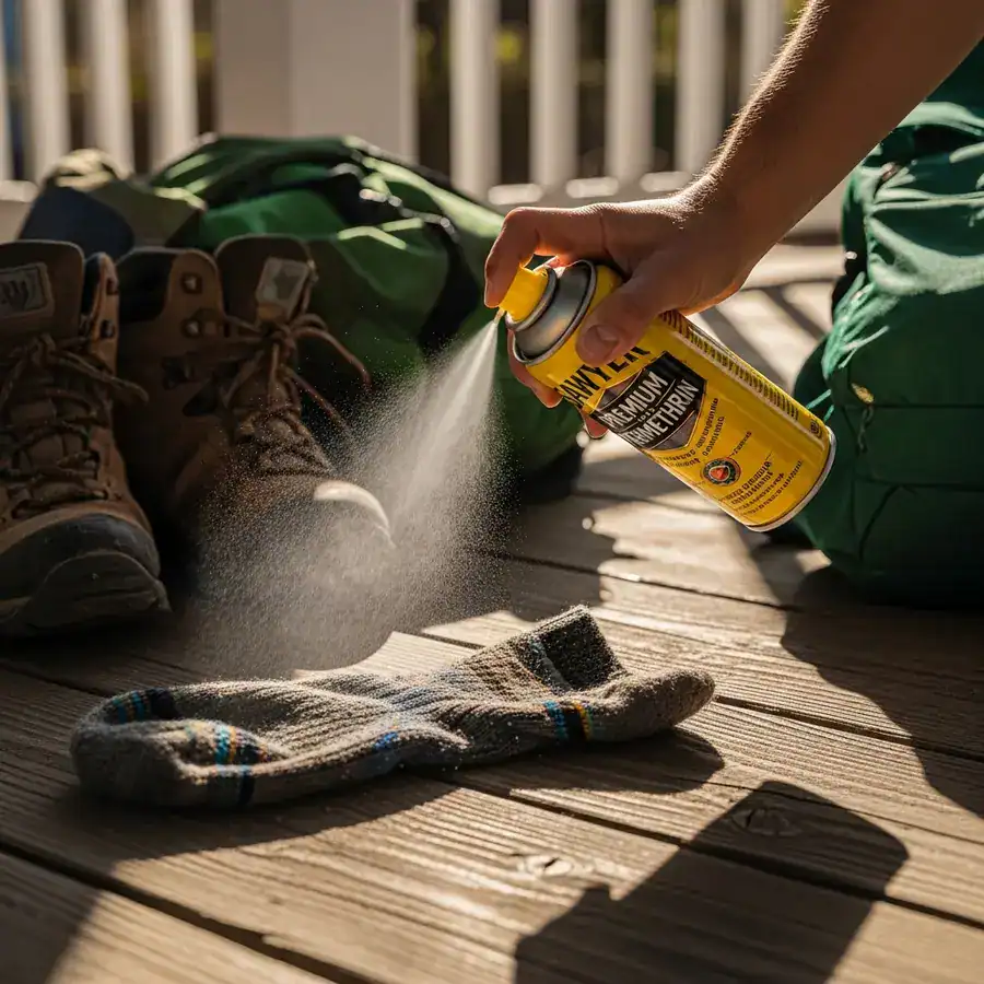 Close-up of a hand spraying permethrin onto hiking socks on a wooden porch next to a boot.