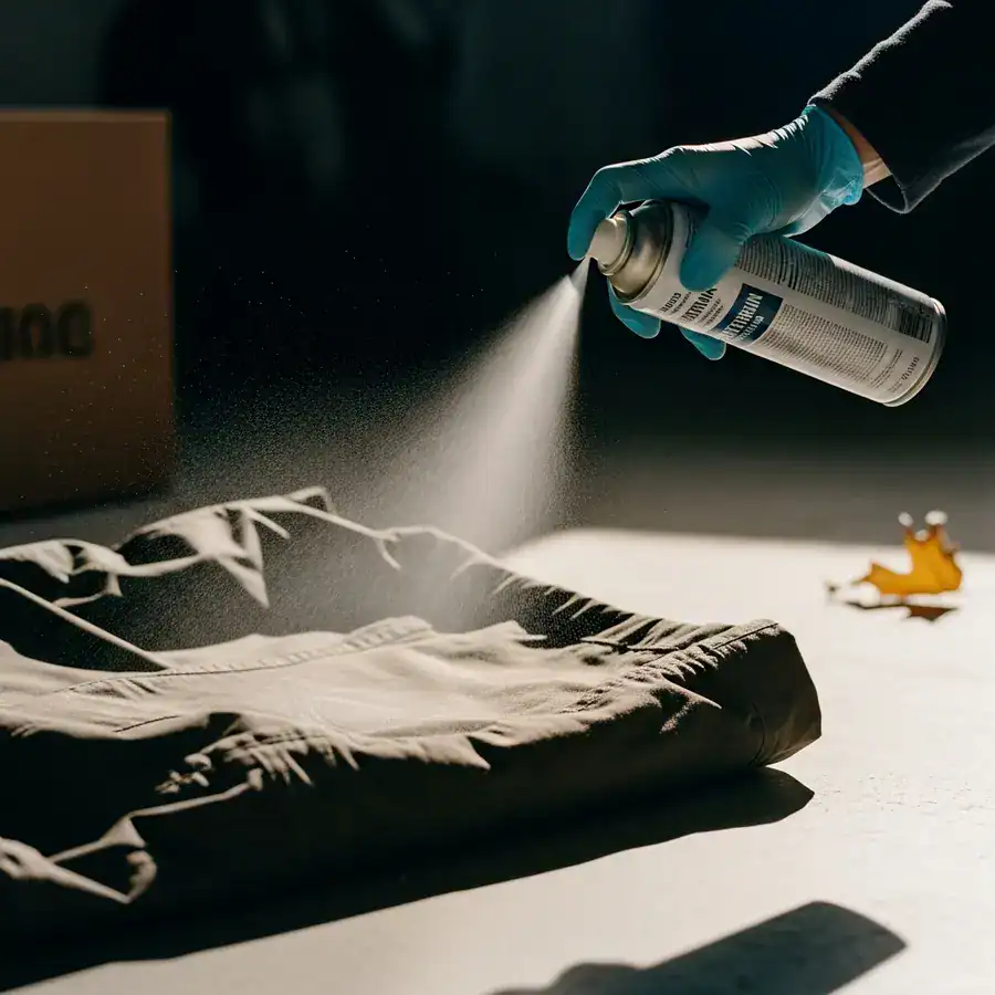 Close-up of a gloved hand spraying permethrin treatment onto hiking pants on a concrete garage floor.