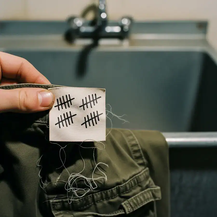 A close-up of a clothing tag with five tally marks, tracking wash cycles for permethrin treatment on a pair of outdoor pants.
