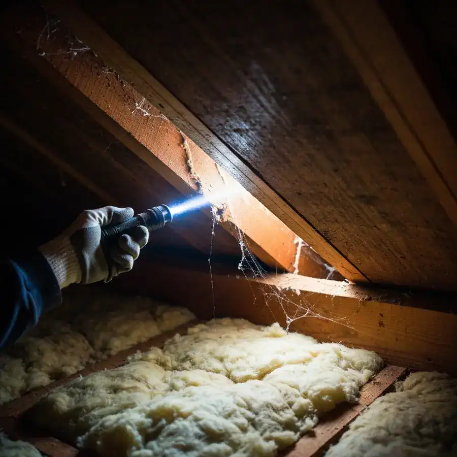 Gloved hand pointing a flashlight at a daylight gap in a dark attic corner filled with dusty insulation.