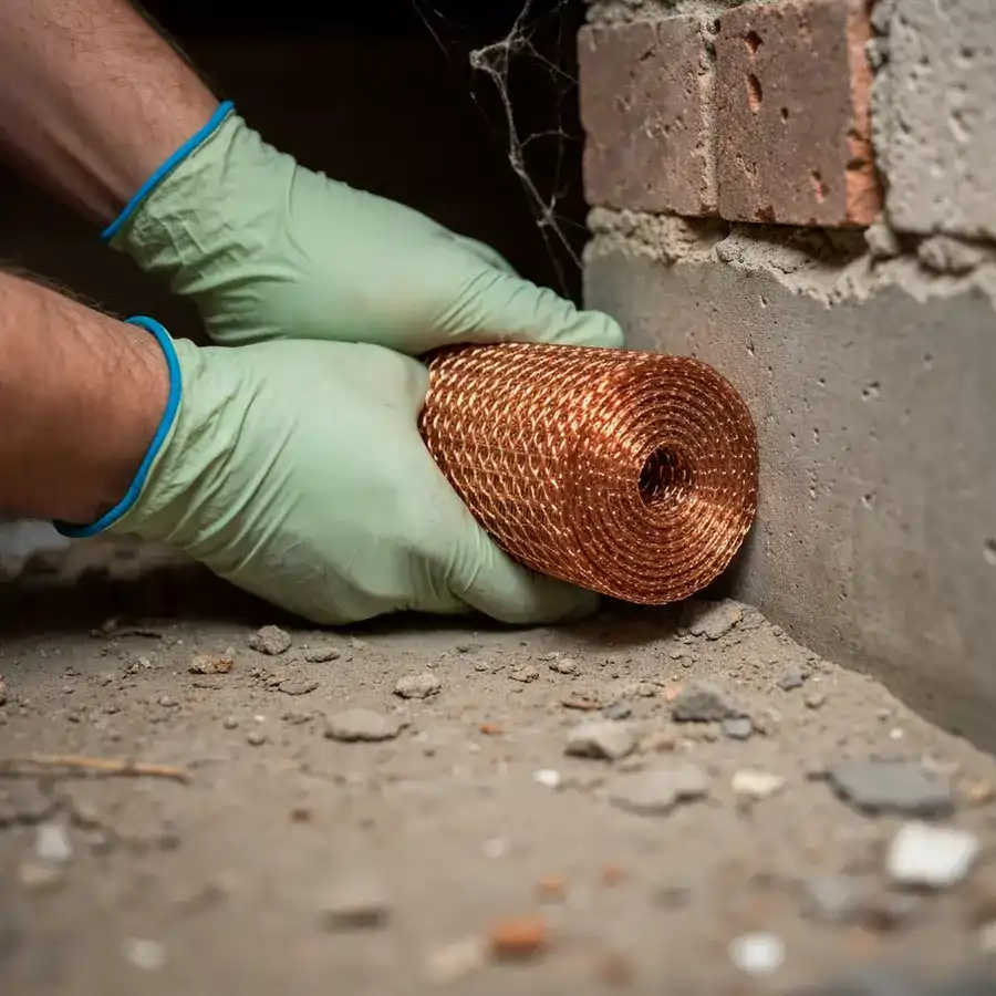 Gloved hand packing copper mesh into a concrete foundation crack to prevent rodent entry.