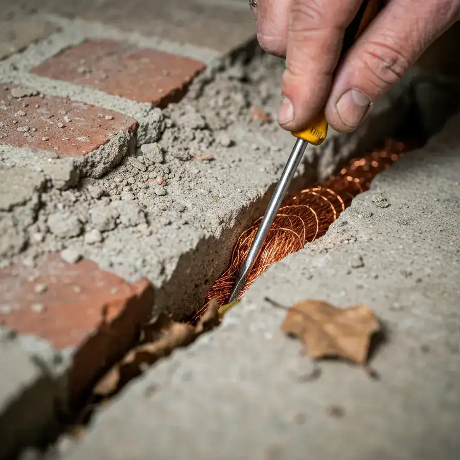 Close-up of copper mesh being tucked into a concrete foundation crack by a technician during a pest exclusion audit.