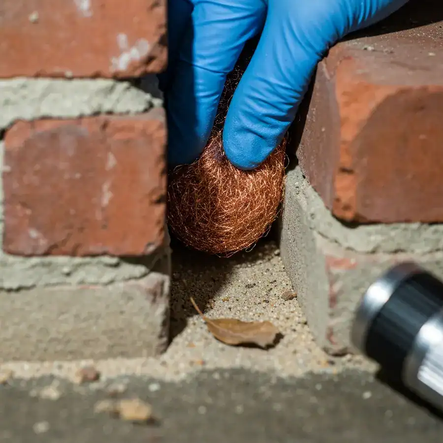 Gloved hand packing copper mesh into a brick weep hole to prevent rodent entry along a weathered home foundation.