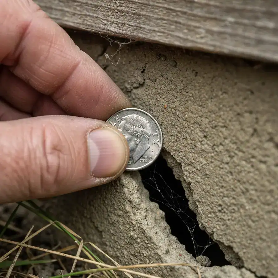 Hand holding a dime against a narrow gap in a concrete foundation to measure a potential mouse entry point.